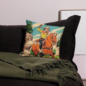 Graphic Cowboy Premium Pillow. Vintage Cowboy on his Trusty Stead Horse. Ranch House Decor. Little Buckaroo Room Decoration.