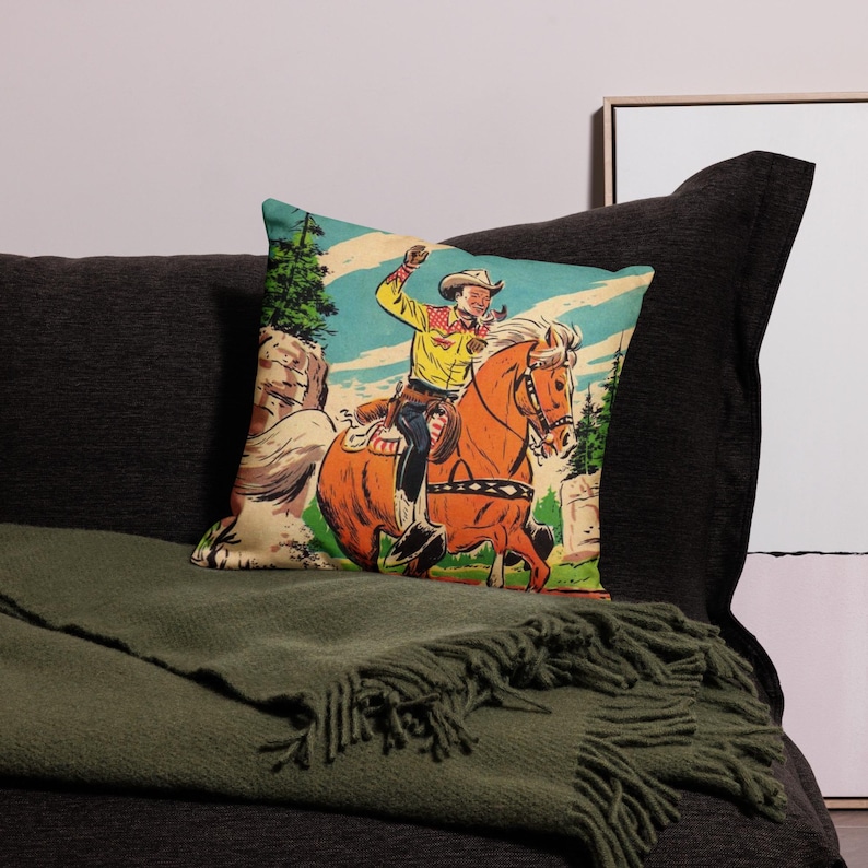 Graphic Cowboy Premium Pillow. Vintage Cowboy on his Trusty Stead Horse. Ranch House Decor. Little Buckaroo Room Decoration.