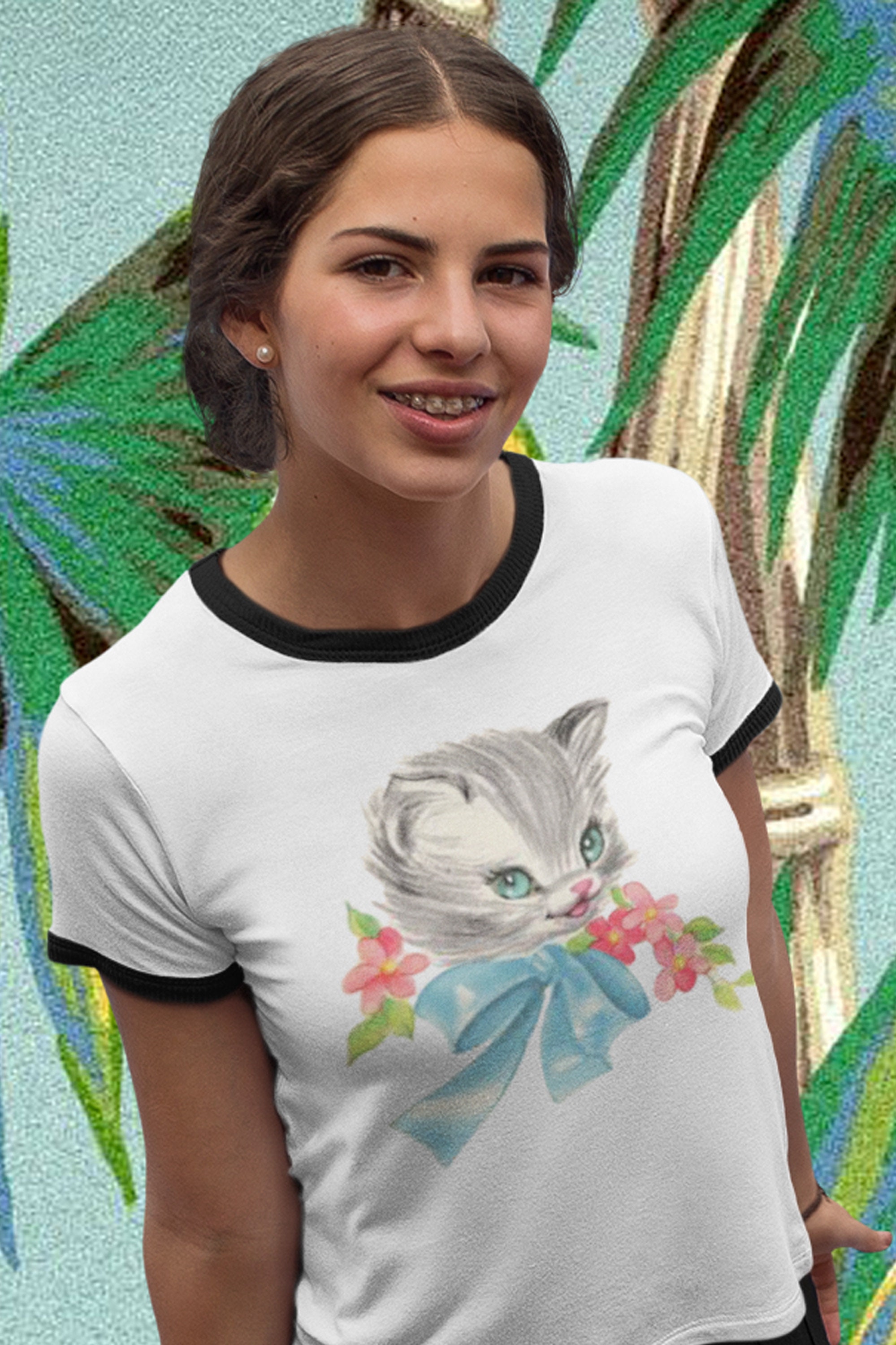 Gray Kitten Unisex Cotton Ringer T-shirt. Vintage Vibe Retro