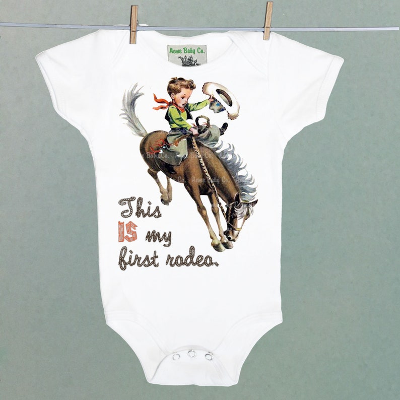 First Rodeo Retro Western One Piece Bodysuit with Buckaroo Cowboy on Horse Cute Southwestern or Western themed baby Onesie\u2122