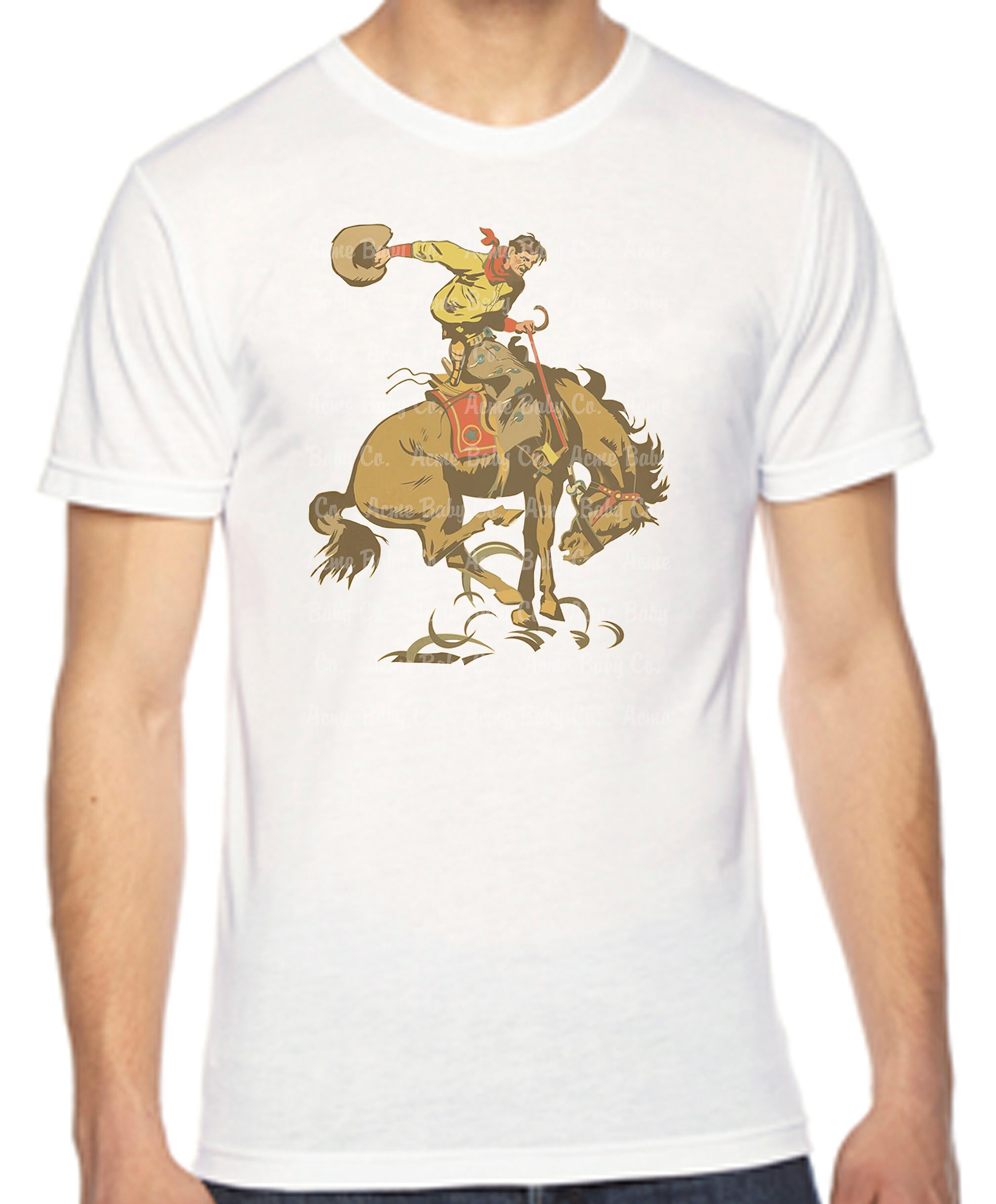 Buckaroo Man on Bronco. Retro Cowboy Shirt. Unisex Organic