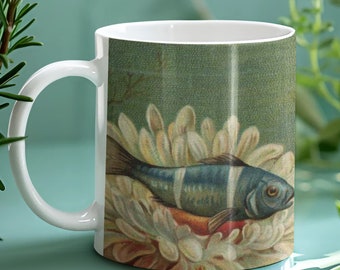 Blue Fish In Urchins Mug. Retro Sealife Coffee Cup.