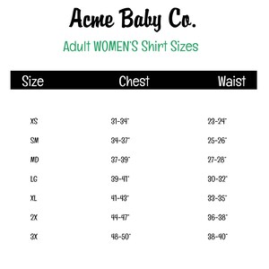 May include: A size chart for Acme Baby Co. titled Adult Shirt Sizes. The table lists sizes from XS to 3X with corresponding chest and waist measurements in inches. The columns are labeled Size, Chest, and Waist, with black headers and white text.