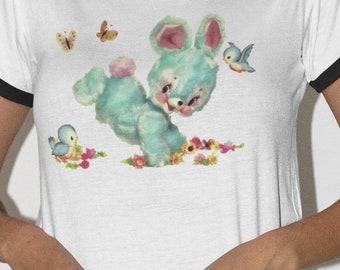 Ringer Tee With Blue Hoppity Bunny. Kitschy Cute Bunny Rabbit