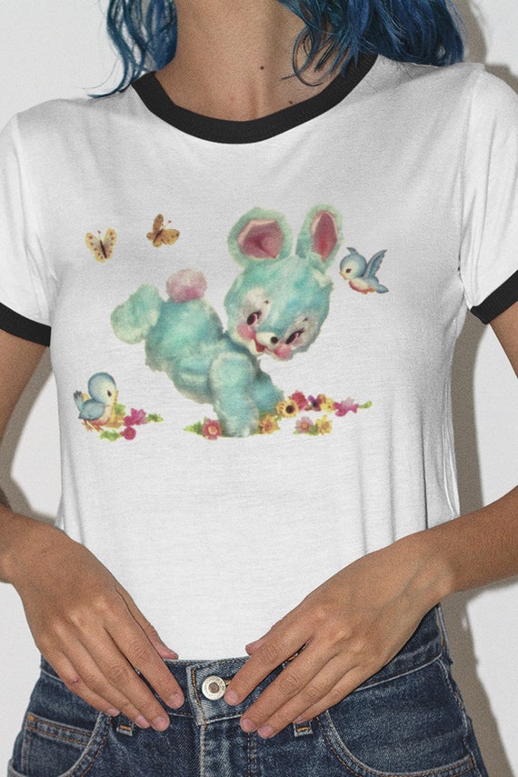 Ringer Tee With Blue Hoppity Bunny. Kitschy Cute Bunny Rabbit