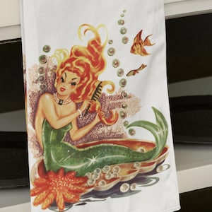 Retro Mermaid Kitchen Tea Towel. Flour Sack Hand Towel with Red Head Marine Mermaid of the Sea Vintage Graphic.