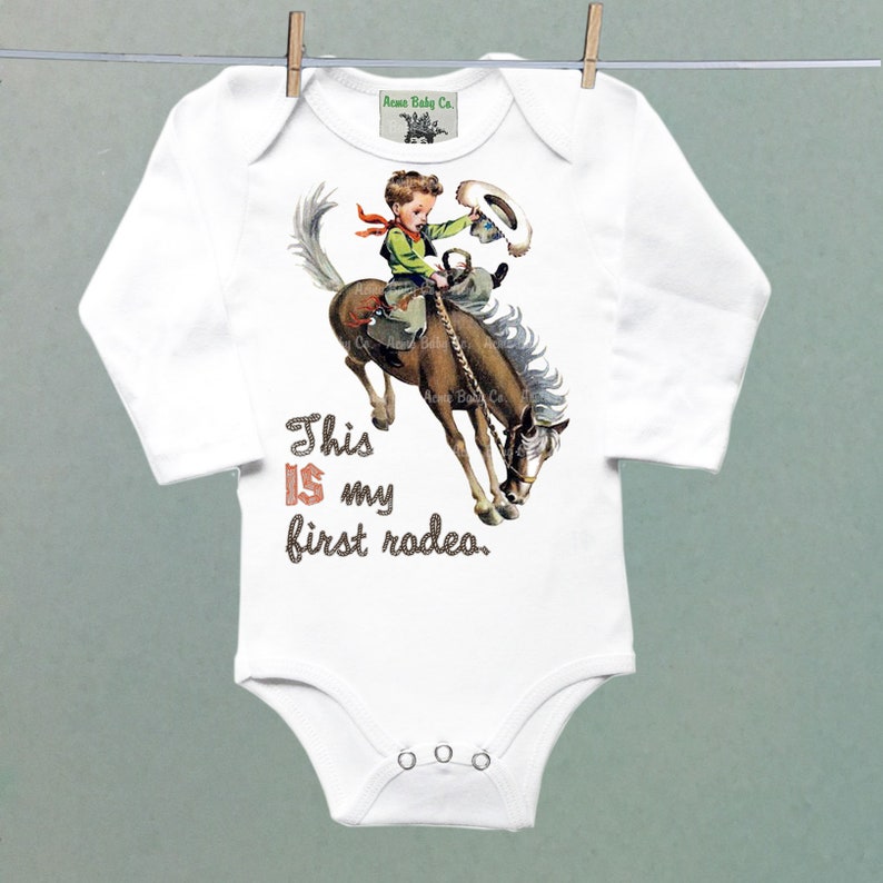 First Rodeo Retro Western One Piece Bodysuit with Buckaroo Cowboy on Horse Cute Southwestern or Western themed baby Onesie\u2122