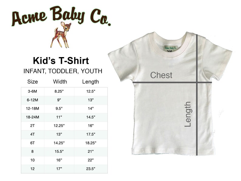 Puede incluir: Camiseta blanca con una tabla de tallas para beb&eacute;s, ni&ntilde;os peque&ntilde;os y j&oacute;venes. La tabla muestra la talla, el ancho en pulgadas y la longitud en pulgadas.