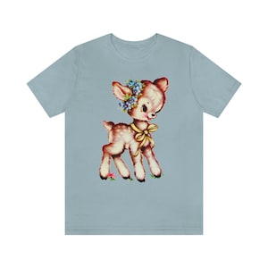 Brown Deer Unisex Tee. Kitschy Cute T-Shirt. Kitsch Brown Fawn Shirt. Mid Century Birthday Gift. Bella Canvas Shirt with Cute Animal. Light Blue