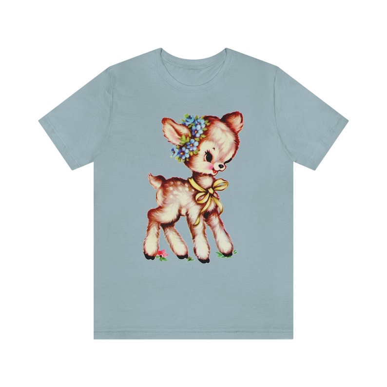 Brown Deer Unisex Tee. Kitschy Cute T-Shirt. Kitsch Brown Fawn Shirt. Mid Century Birthday Gift. Bella Canvas Shirt with Cute Animal. Light Blue