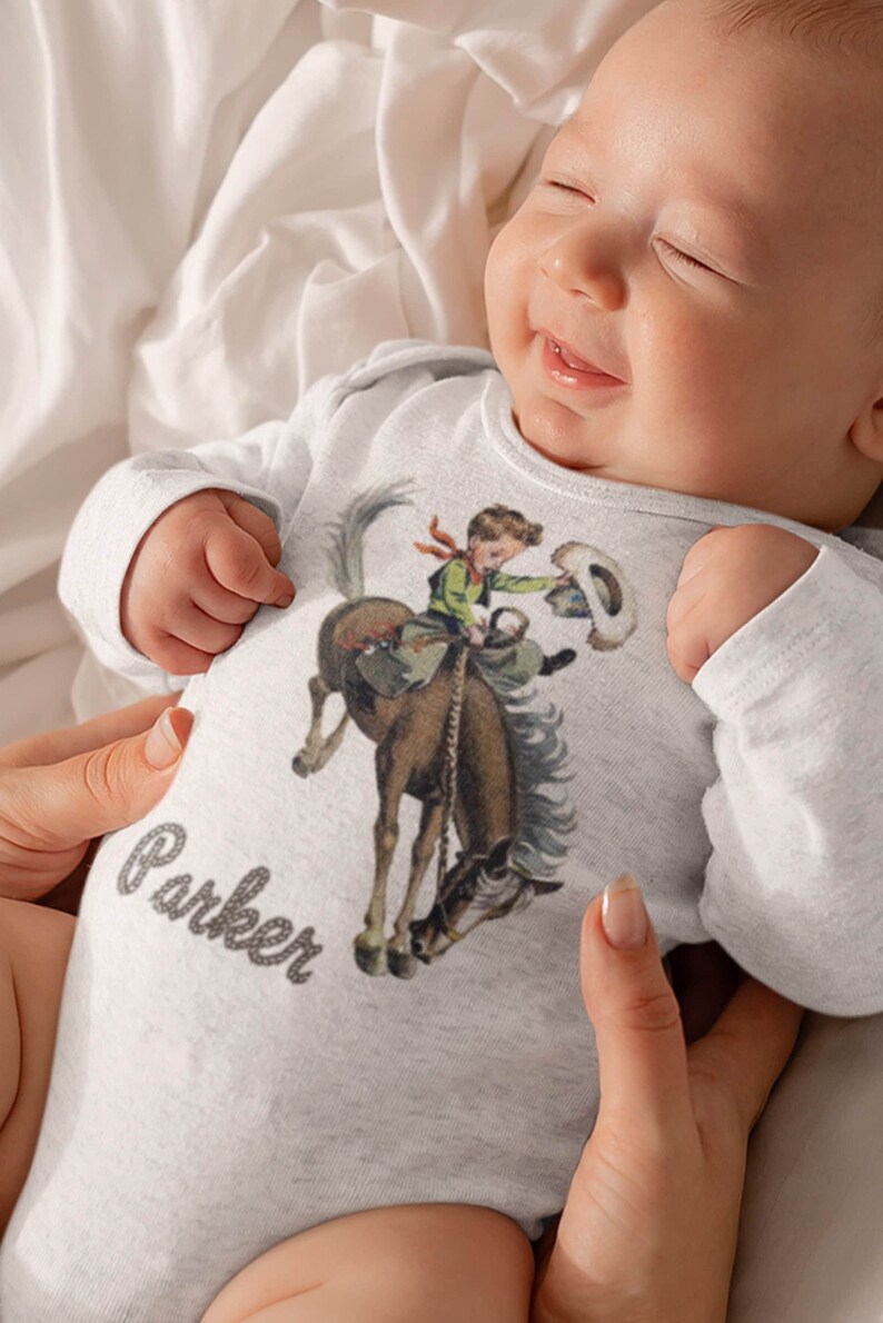 Organic Onesie™ Custom Name Retro Western One Piece Bodysuit with Buckaroo Cowboy on Horse. Cute Southwestern or Western themed baby Onesie™ image 1