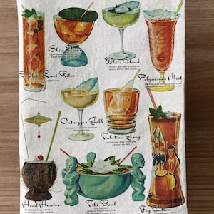 Retro Kitchen Towel. Vintage Tiki Bar Decor Cocktail Tea Towel. Vintage Drinks Floursack Hand Towel with Ingredients.