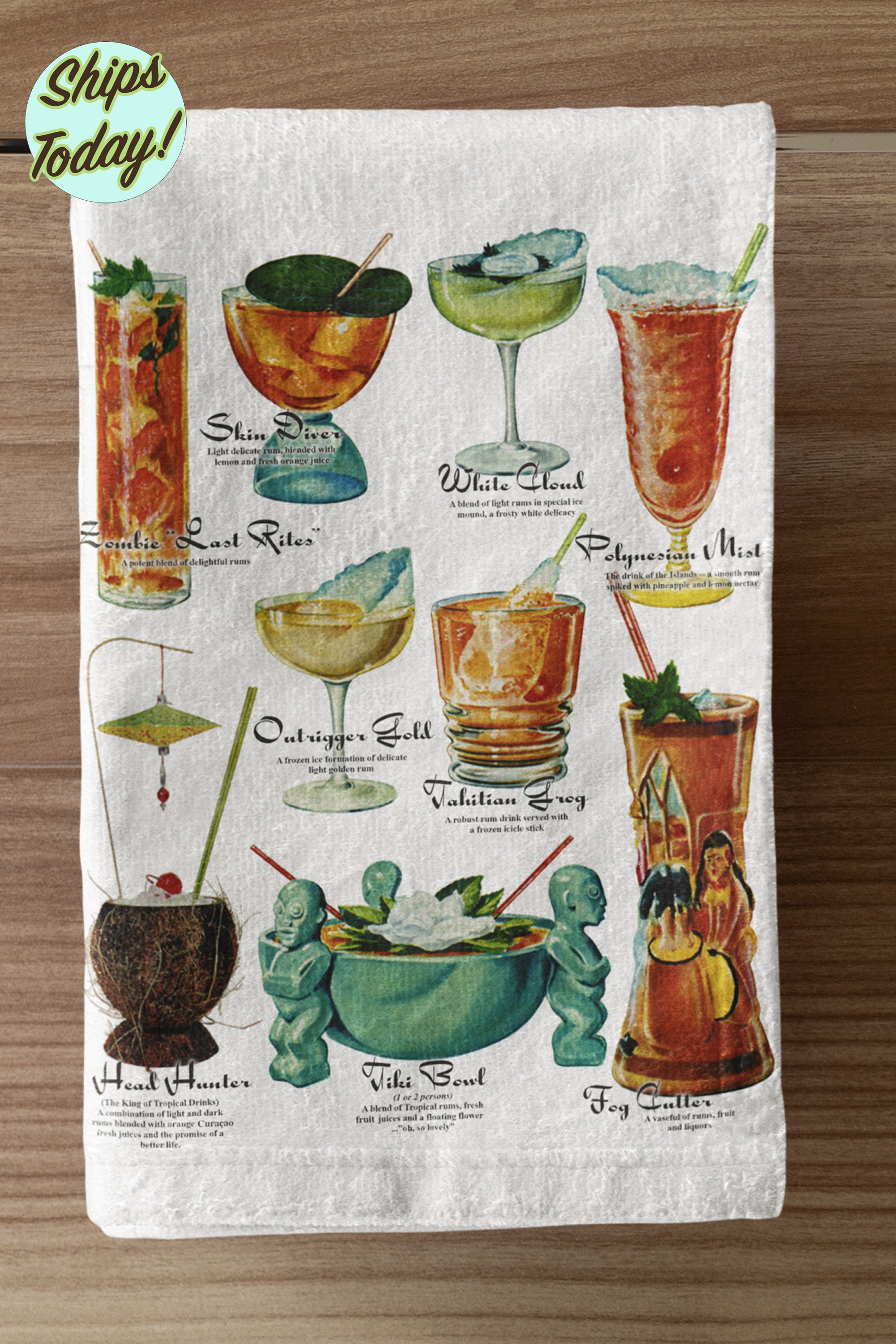 Retro Kitchen Towel. Vintage Tiki Bar Decor Cocktail Tea Towel. Vintage Drinks Floursack Hand Towel with Ingredients.