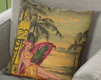 Tiki Wahine Premium Pillow - Paint By Numbers. Hawaiian Tiki Bar Decor. Hawaiiana Accessory for Home. Housewarming Gift.
