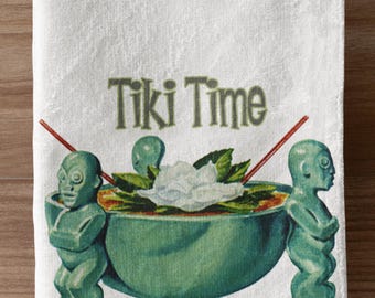 Organic Kitchen Towel. Tiki Time Bartender Tiki Bar Decor. Vintage Style Kitchen. Cocktail Tea Towel. Turquoise Drinks. Personalized Gift.
