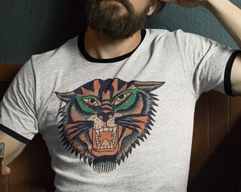 Tattoo Tiger Unisex Cotton Ringer T-Shirt. Retro Time Capsule Shirt.