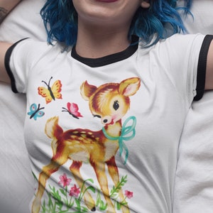 Retro Ringer Tee. Deer with Butterfly Friends Unisex Cotton Ringer T-Shirt. Vintage Kitschy Cute Vibes with Animals and Flowers.