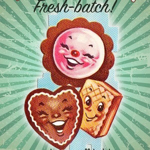 Op de afbeelding: Een vintage-stijl advertentie voor Acme Baby Co. met drie glimlachende cartoon-koekjes: een rond koekje met een bloemdessin, een hartvormig koekje en een vierkant koekje met een wafelpatroon. De tekst luidt "Acme Baby Co. Fresh-batch!" en "gemaakt in kleine batches, natuurlijke ingredi&euml;nten, gemaakt met liefde!"