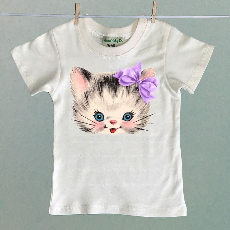 Retro Kitty with Bow Shirt. Kitten with Ribbon. Unisex Organic Tee Shirt. Kitsch Kitty Cat with Purple, Pink or Blue Bow. Kitschy Shirt. image 4