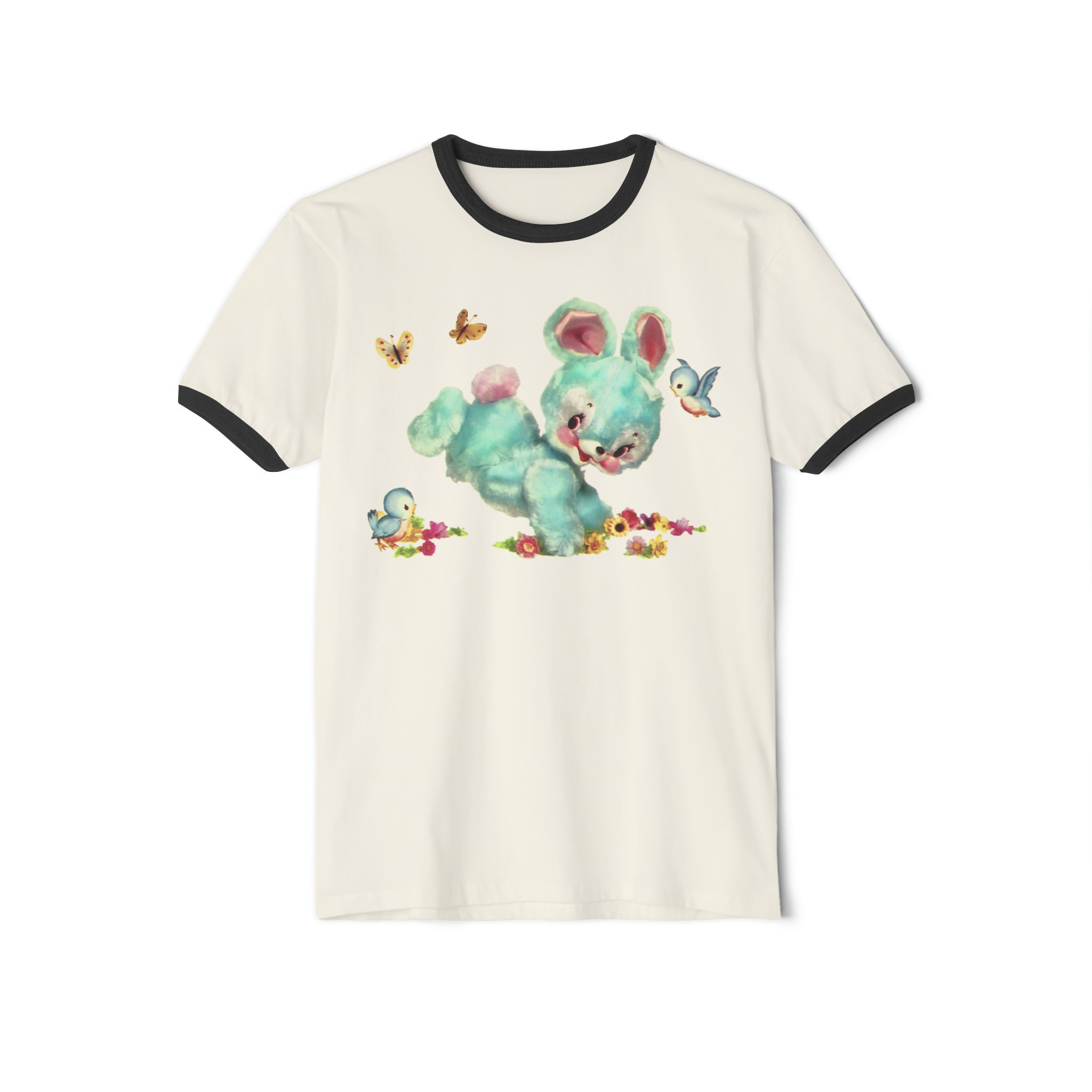 Ringer Tee With Blue Hoppity Bunny. Kitschy Cute Bunny Rabbit
