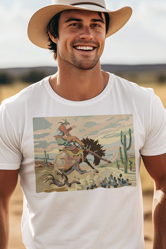 Retro Western Tee. Paint by Numbers Cowboy. Buckaroo Man on