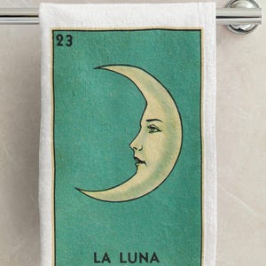 Linge à vaisselle ou sac de farine rétro La Luna. Carte Loteria mexicaine. croissant de lune vintage. MCM. Moderne milieu du siècle.