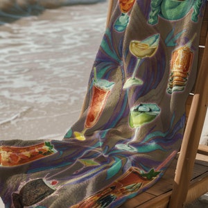 Tiki Cocktails Towel. Vintage Vibes Retro Drinks. Vacation Accessory Gift. Fun Tropical Beach Towel for Him.