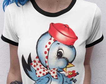Camiseta Dapper Bluebird de algodón con ribete. Estilo retro.