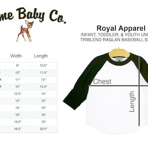 May include: Size chart for a white and green triblend raglan baseball shirt. The chart shows sizes from 3-6 months to size 12, with corresponding width and length measurements in inches.