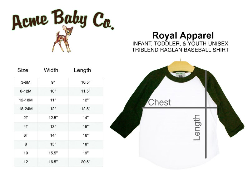 May include: Size chart for a white and green triblend raglan baseball shirt. The chart shows sizes from 3-6 months to size 12, with corresponding width and length measurements in inches.