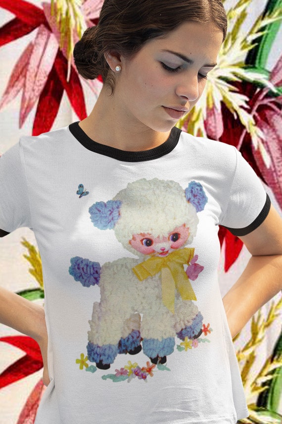 Kitschy Cute Nursery Lamb Unisex Cotton Ringer T-shirt. Vintage