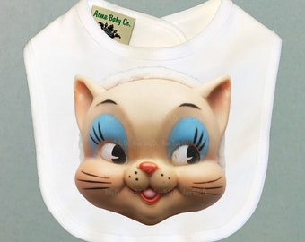 Kitty Cat Toy Organic Retro Baby Bib. Infant Gift Kitten Bib. Kitsch Drool Bib. Retro Baby Shower gift. White or Natural. Kitschy Cute.