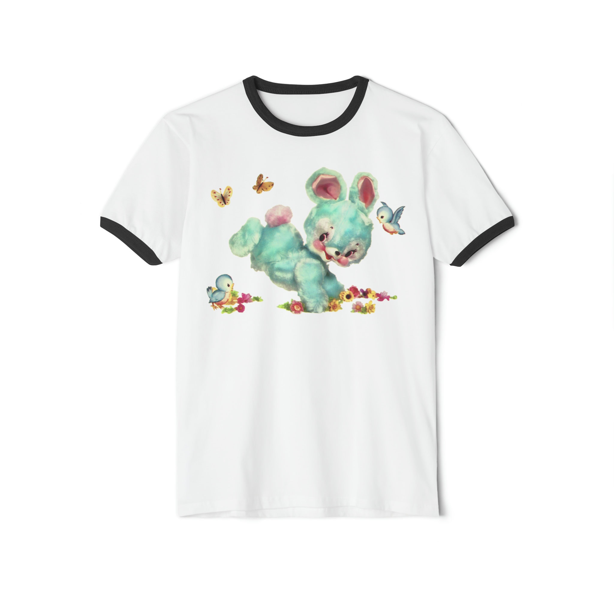 Ringer Tee With Blue Hoppity Bunny. Kitschy Cute Bunny Rabbit