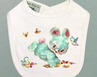 Retro Baby Gift. Hoppity Bunnies Bib. Organic Baby Shower. Bunny Rabbit. Vintage Vibe Shower Present. Kitschy Cute Vintage Vibe.