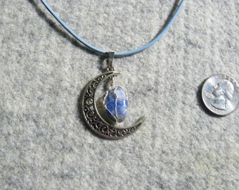 Sterling Silver Crescent Moon Necklace with Wire Wrapped Sodalite Crystal with Leather Cord