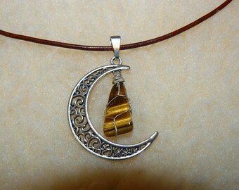 Sterling Silver Crescent Moon Necklace with Wire Wrapped Golden Tiger Eye Crystal with Leather Cord