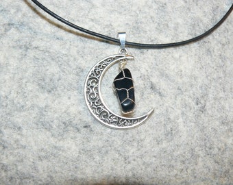 Sterling Silver Crescent Moon Necklace with Wire Wrapped Black Obsidian Crystal with Leather Cord