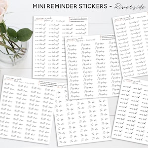May include: A set of six sheets of mini reminder stickers with different words written in a cursive font. The words include "workout", "important", "bill due", "to do", "payday", and "work".