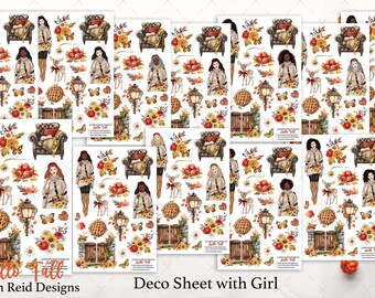 Hello Fall a la carte Planner Deco Sheet WITH GIRL , Fashion Girl Stickers  , Eclp , Hp  , journal , Hobonichi , bujo , winter , books