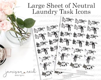 Large LAUNDRY Icon Neutral Planner Stickers , functional , task , laundryline , black , white