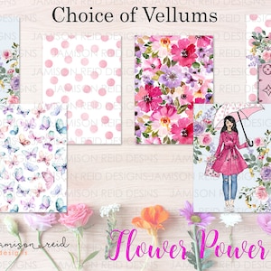 May include: A collage of five different floral patterned papers, including a pink polka dot pattern, a pink and white floral pattern, a blue and white butterfly pattern, a pink and white floral pattern with a woman holding an umbrella, and a pink and white floral pattern with a pink handbag with a monogram.