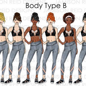 Puede incluir: Seis ilustraciones de mujeres con sujetadores deportivos negros y leggings grises con detalles en rosa. Las mujeres tienen diferentes colores y estilos de cabello. El texto "Body Type B" está en la parte superior de la imagen.