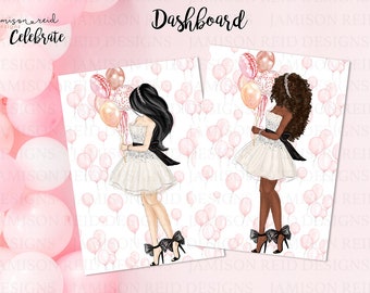May include: Two illustrations of women in white dresses with black sashes and black bows in their hair. They are holding bouquets of pink and white balloons. The background is a pattern of pink and white balloons.