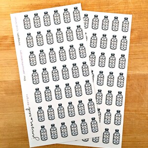 May include: Two sheets of white sticker paper with a repeating pattern of black and white water bottle illustrations. The text "Etsy: jamisonreiddesigns Instagram: @add.tenzer" is printed on the left sheet.
