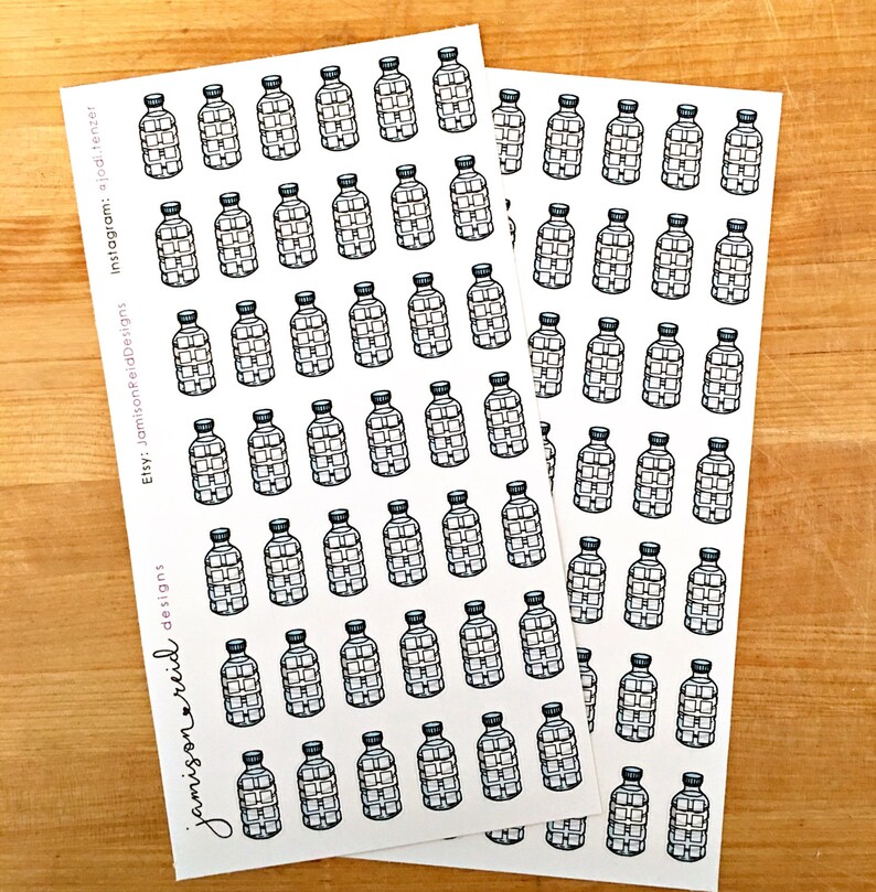 May include: Two sheets of white sticker paper with a repeating pattern of black and white water bottle illustrations. The text "Etsy: jamisonreiddesigns Instagram: @add.tenzer" is printed on the left sheet.