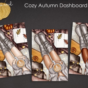 May include: Three illustrations of a person wearing cozy grey socks and a sweater, sitting on a blanket with a cup of coffee and a book. The background is a warm autumn scene with pumpkins, lights, and a plaid blanket.