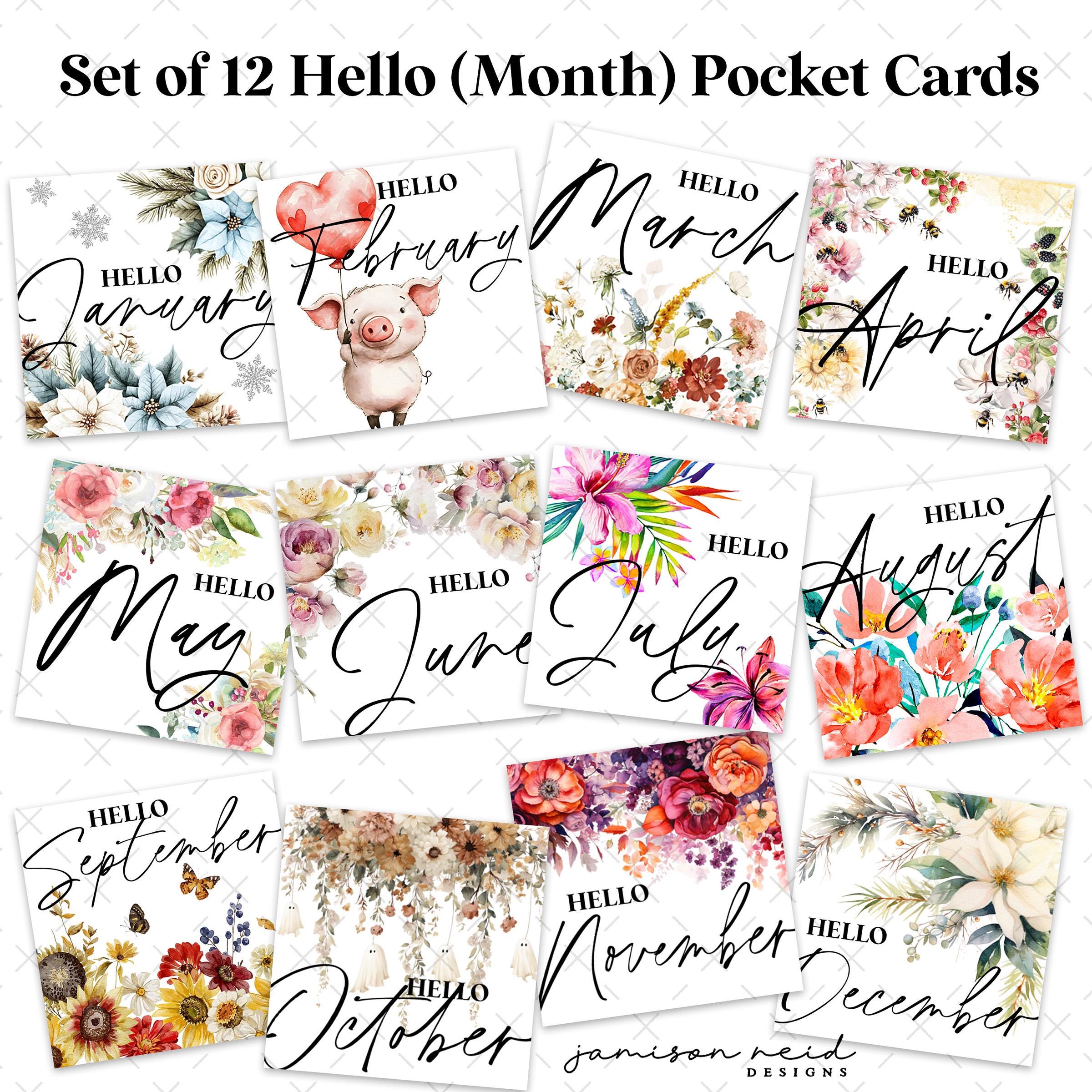 Hello Month 2 Set of 12 Hello Months Pocket Journal Cards Stickers , Planner Decor ...