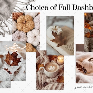Pode incluir: Uma colagem de imagens com tema de outono. Inclui abóboras de malha, uma xícara de café com arte latte, folhas de outono, uma vela e uma abóbora branca. O texto "Choice of Fall Dashboard" está no topo.
