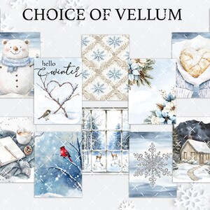 May include: A set of 10 winter-themed printable cards featuring various designs, including a snowman, a heart with the words "hello winter", a snowflake pattern, a window with a snowy view, a snowflake, a cabin in the woods, a knitted sweater, a book with a cup of coffee, a cardinal on a branch, and a loaf of bread in a sweater. The cards are all in a watercolor style with a blue and white color scheme.