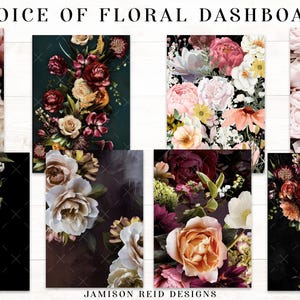 May include: A selection of floral dashboard designs featuring various flower arrangements. The designs include close-ups of peonies, roses, and mixed bouquets in shades of pink, burgundy, and cream, set against dark and light backgrounds.